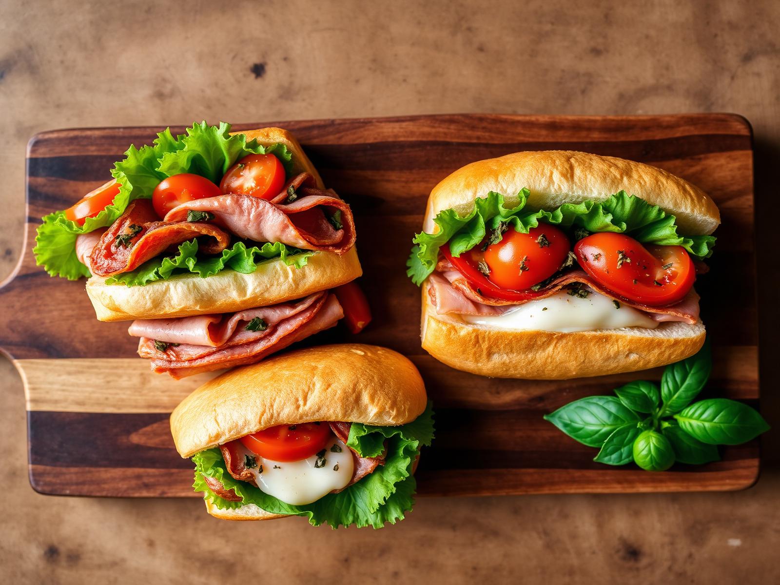 Freshly made submarine sandwiches on a wooden board
